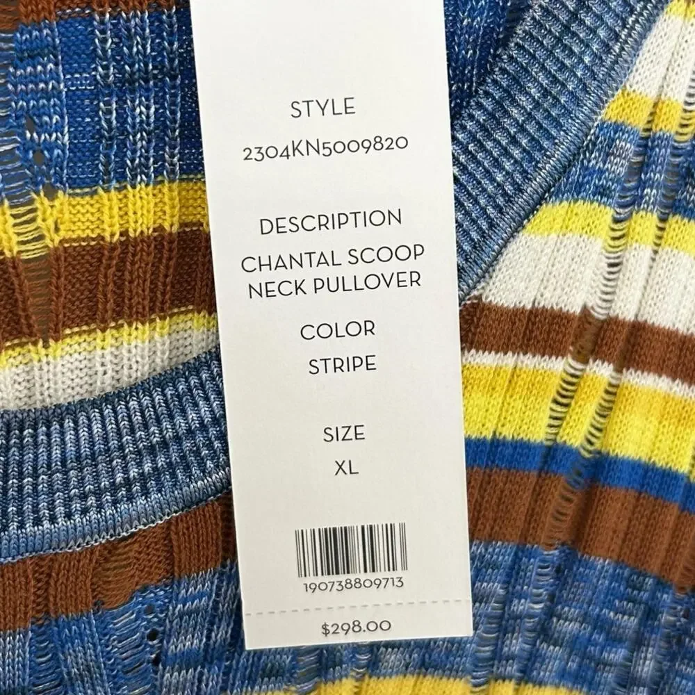 NWT Veronica Beard Stripe Chantal Scoop Neck Ribbed Sweater Yellow Blue Size XL